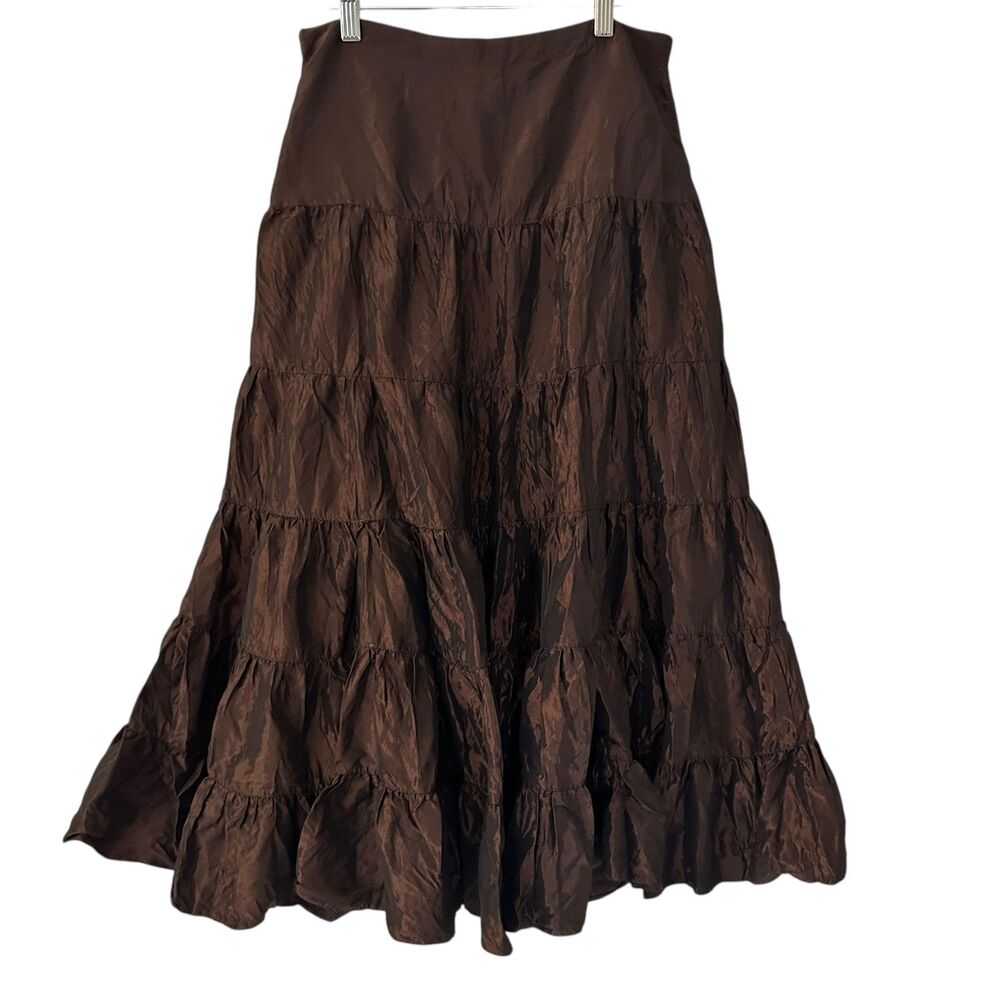 Miss Me Brown Polyester Tafetta Shiny Boho‎ Ruffled Side Zip Maxi Skirt Size S
